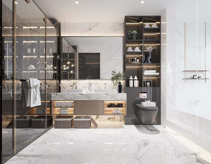 Modern Bathroom Interior With Marble Floor Glass Shower Vanity And Storage Cabinets 3d model 