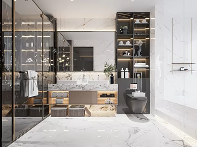 Modern Bathroom Interior With Marble Floor Glass Shower Vanity And Storage Cabinets 3d model