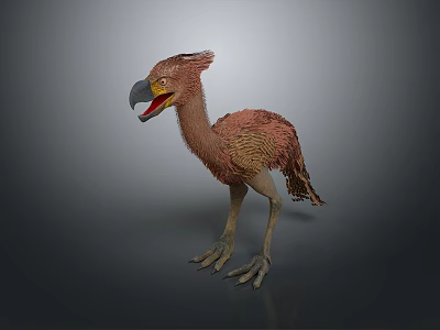 Flying Animal With Brown Feathers Long Beak Open Mouth Standing On Gray Background 3d model