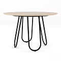 Modern Round Wooden Table Set with Four Upholstered Chairs and Metal Legs