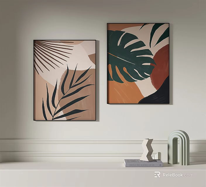 Abstract Leaf Wall Art Paintings With Modern Decorative Items On Shelf 3d model