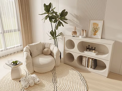 Beige Accent Chair In Sunlit Living Space With Large Potted Plant White Cabinet And Soft Rug 3d model