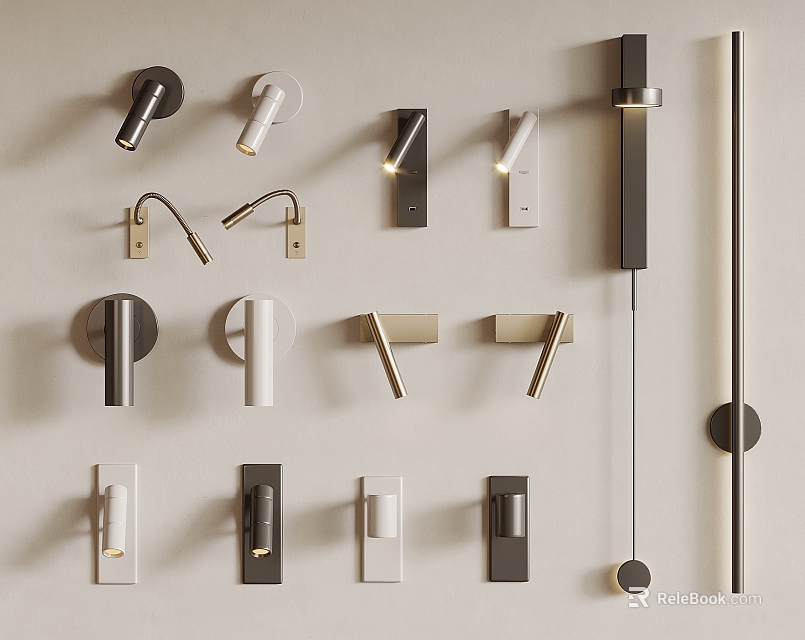 Modern Wall Lamps With Various Designs And Black White Metallic Colors Displayed On Wall 3d model 