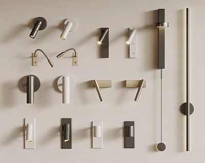 Modern Wall Lamps With Various Designs And Black White Metallic Colors Displayed On Wall 3d model