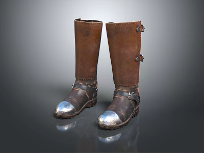 Tall Vintage Leather Boots With Metal Toe Caps Buckle Straps And Retro Design 3d model