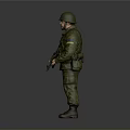 Ukrainian Soldier In Green Military Uniform With Helmet Holding Rifle And Yellow Blue Armband