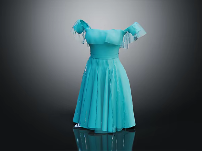 Light Blue Off Shoulder Dress With Frilled Sleeves And Sparkling Flared Skirt 3d model