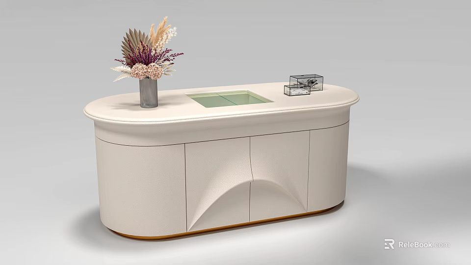 Modern Light Colored Island Cabinet With Curved Design Green Countertop And Decorative Vase 3d model 