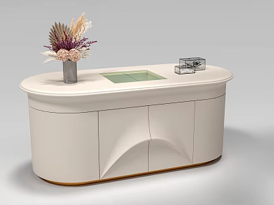 Modern Light Colored Island Cabinet With Curved Design Green Countertop And Decorative Vase 3d model