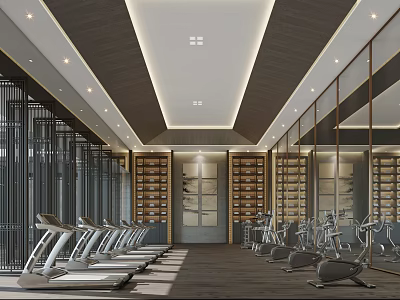 Modern Well Lit Gym Interior With Treadmills And Fitness Equipment 3d model