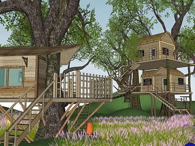 Scenic Wooden Tree Houses In Lush Forest With Stairs And Green Grass 3d model