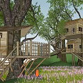 Scenic Wooden Tree Houses In Lush Forest With Stairs And Green Grass