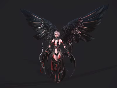 Game Movie Female Fantasy Character With Black Wings Combat Outfit And Weapons 3d model