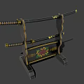 Traditional Samurai Swords Placed On Decorative Black Stand With Golden Accents And Floral Patterns