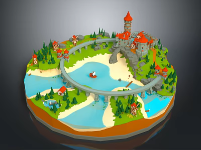 3D Scenic Castle Architecture Model with River Bridge Trees and Small Houses 3d model