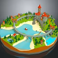 3D Scenic Castle Architecture Model with River Bridge Trees and Small Houses