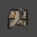 KOMATSU Yellow Excavator Engaged In Demolition Work Amidst Rubble And Old Buildings