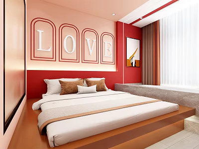 Elegant Hotel Guest Room with Pink Red Walls LOVE Decor Bed Pillows Bathtub Window Curtains 3d model