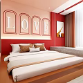 Elegant Hotel Guest Room with Pink Red Walls LOVE Decor Bed Pillows Bathtub Window Curtains