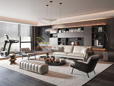 Modern Living Room Interior With Beige Sofa Chairs Coffee Table Bookshelf Rug And Pendant Lighting 3d model