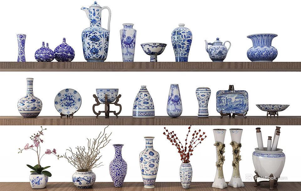 Blue and White Ceramic Vessels Vases Bowls Jars Displayed on Wooden Shelves 3d model 