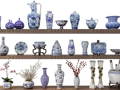 Blue and White Ceramic Vessels Vases Bowls Jars Displayed on Wooden Shelves 3d model