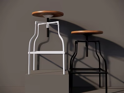 Two Modern Bar Stools With Wooden Seats And White Black Metal Frames 3d model