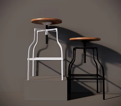 Two Modern Bar Stools With Wooden Seats And White Black Metal Frames 3d model