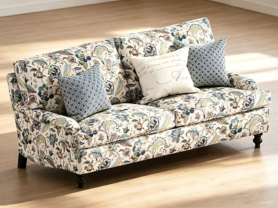 Two Seater Floral Upholstered Sofa with Blue Geometric and White Text Cushions 3d model