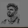 Black and White Sketch Portrait Painting of Bearded Male with Curly Hair on White Wall