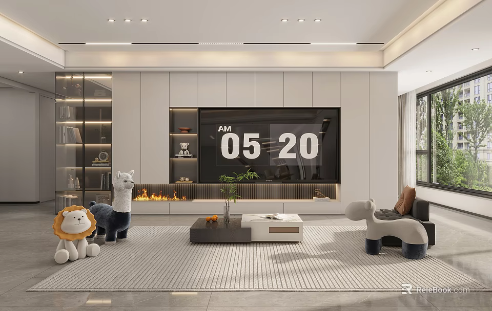 Modern Living Dining Room Interior Design With TV Wall Fireplace Cozy Seats And Toys 3d model 