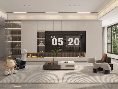 Modern Living Dining Room Interior Design With TV Wall Fireplace Cozy Seats And Toys 3d model