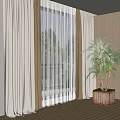 Modern Double Layer Beige Curtains With White Sheer And Green Plant In Wooden Planter