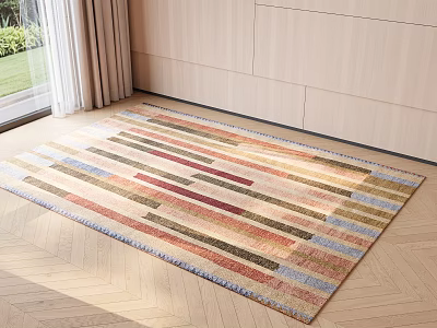 Colorful Striped Square Rug On Wooden Floor In Modern Living Room 3d model