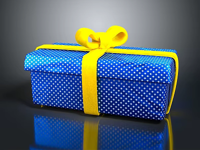 Decorative Blue White Polka Dot Gift Box With Yellow Ribbon And Bow For Gifting 3d model