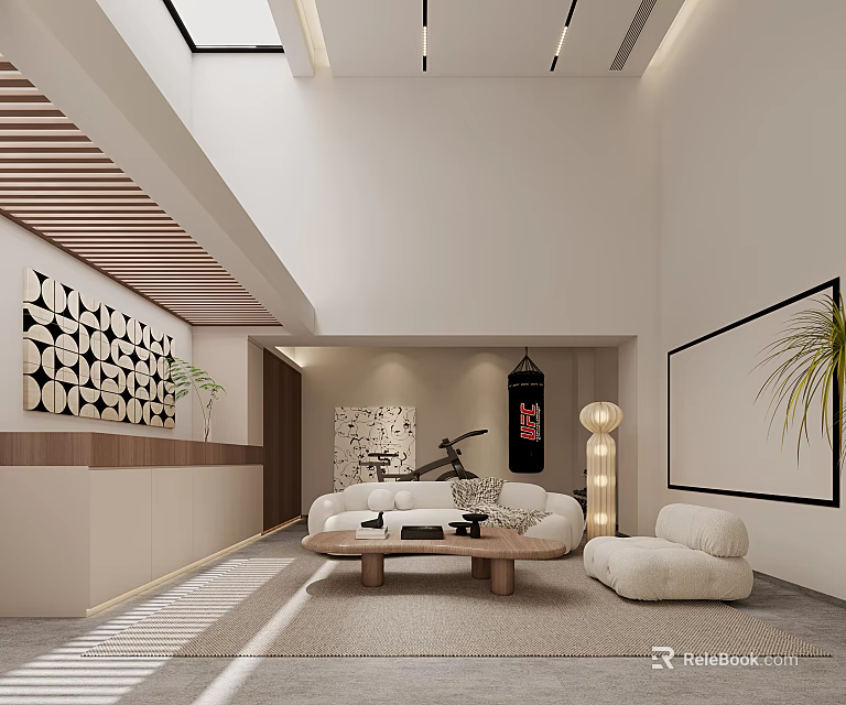 Modern Basement Interior Design With Spacious Layout Comfortable Sofa And Decorative Wall Art 3d model