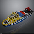Yellow Cargo Boat with Red Crane Blue Red Containers and Blue White Stripes