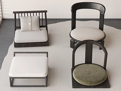 Modern Wooden Frame Stools With Square Round Cushions In Gray White Green Tones 3d model