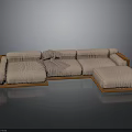 Modern L Shaped Sofa With Wooden Armrests Beige Fabric Cushions And Ottoman
