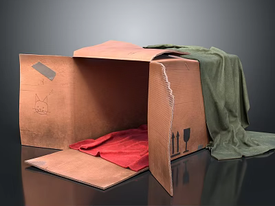 Open Corrugated Cardboard Box With Red Cloth Inside And Green Cloth Beside 3d model