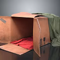 Open Corrugated Cardboard Box With Red Cloth Inside And Green Cloth Beside