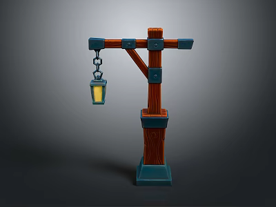 Vintage Wooden Lamp Post With Blue Accents And Hanging Lantern Light 3d model