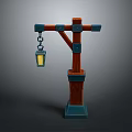 Vintage Wooden Lamp Post With Blue Accents And Hanging Lantern Light