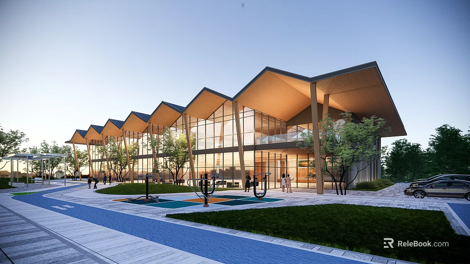 Modern School Building With Sloped Roofs Large Glass Windows Surrounded By Trees And Outdoor Areas 3d model 