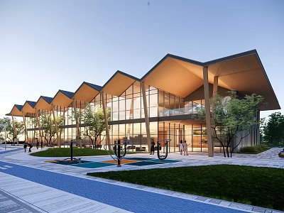 Modern School Building With Sloped Roofs Large Glass Windows Surrounded By Trees And Outdoor Areas 3d model