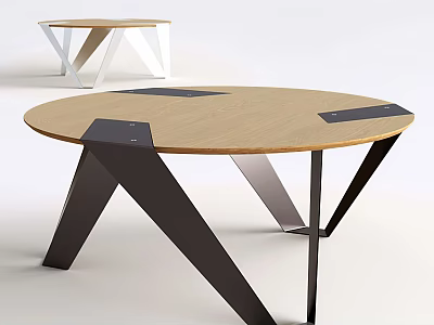 Modern Round Coffee Table With Light Wood Top Black Metal Geometric Legs And White Frame 3d model