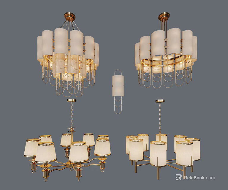 Elegant Golden Frame Chandeliers With White Lampshades Hanging Chains And Multiple Styles 3d model 