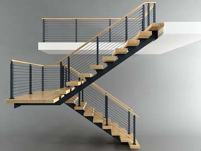 Modern Floating Stairs Design With Wooden Steps And Black Metal Railings 3d model