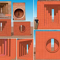 Red Brick Feature Wall With Circular And Rectangular Cutouts Layered Architectural Design Structure 3d model
