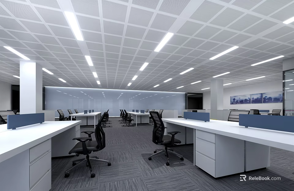 Modern Public Office Space With Desks Office Chairs Ceiling Lights And Open Layout 3d model